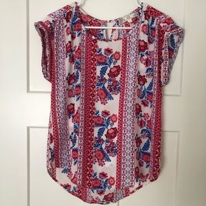 Pink Rose Top Sz Small, Floral, Pink, White, Blue